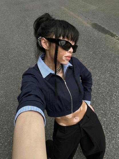 Cropped Bomber Jacket with Striped Collar