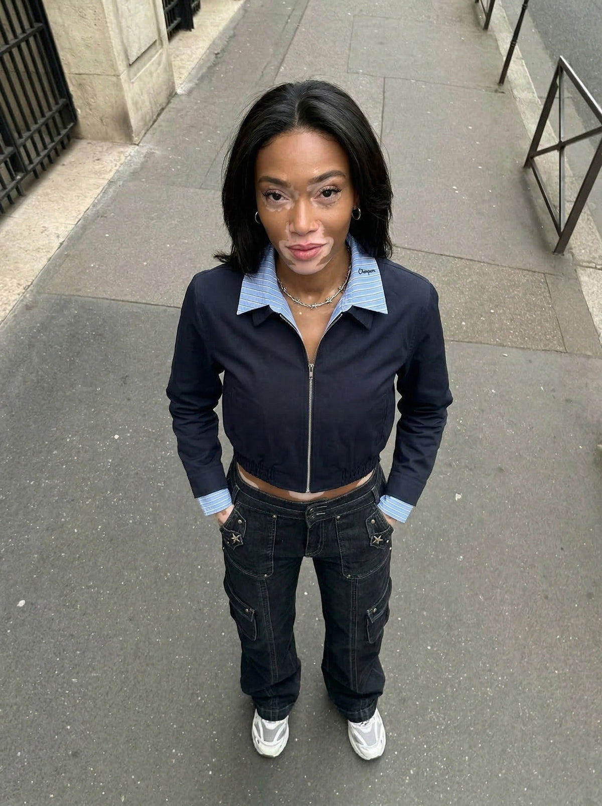 Cropped Bomber Jacket with Striped Collar