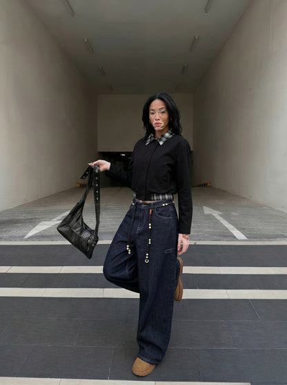 Indigo Beaded Wide-Leg Denim Pants