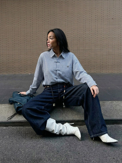 Indigo Beaded Wide-Leg Denim Pants