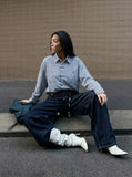 Indigo Beaded Wide-Leg Denim Pants