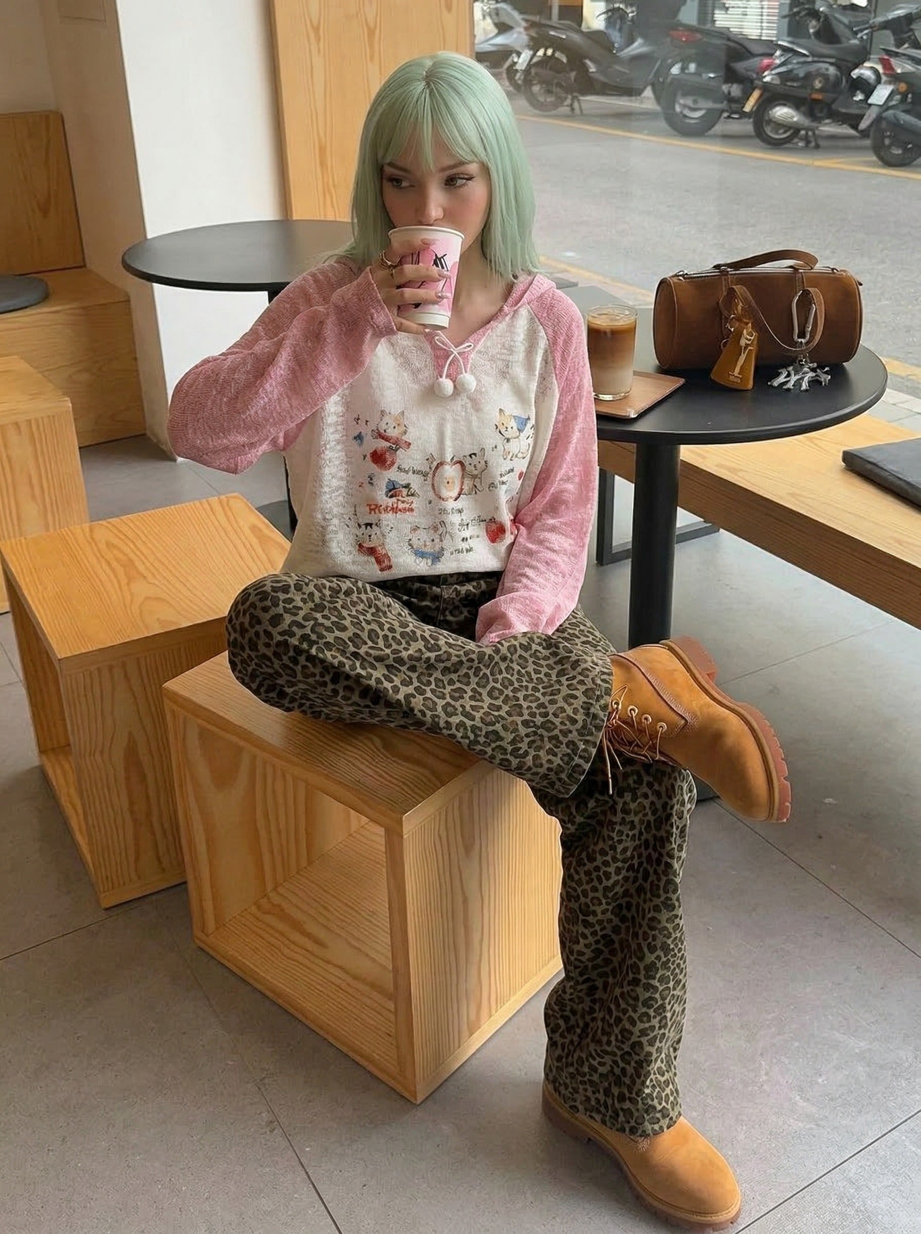 Color-Blocked Cat Graphic Hooded Top