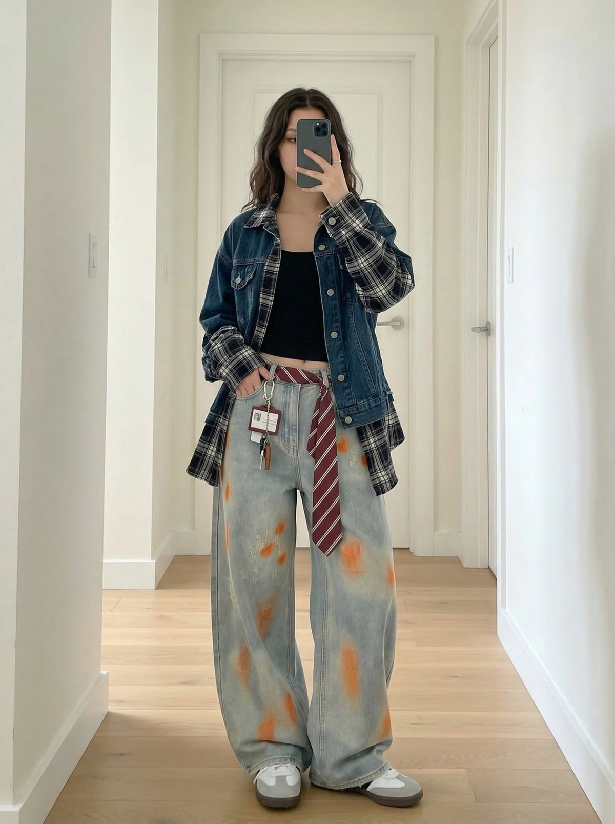 Distressed Paint-Splatter Wide-Leg Jeans