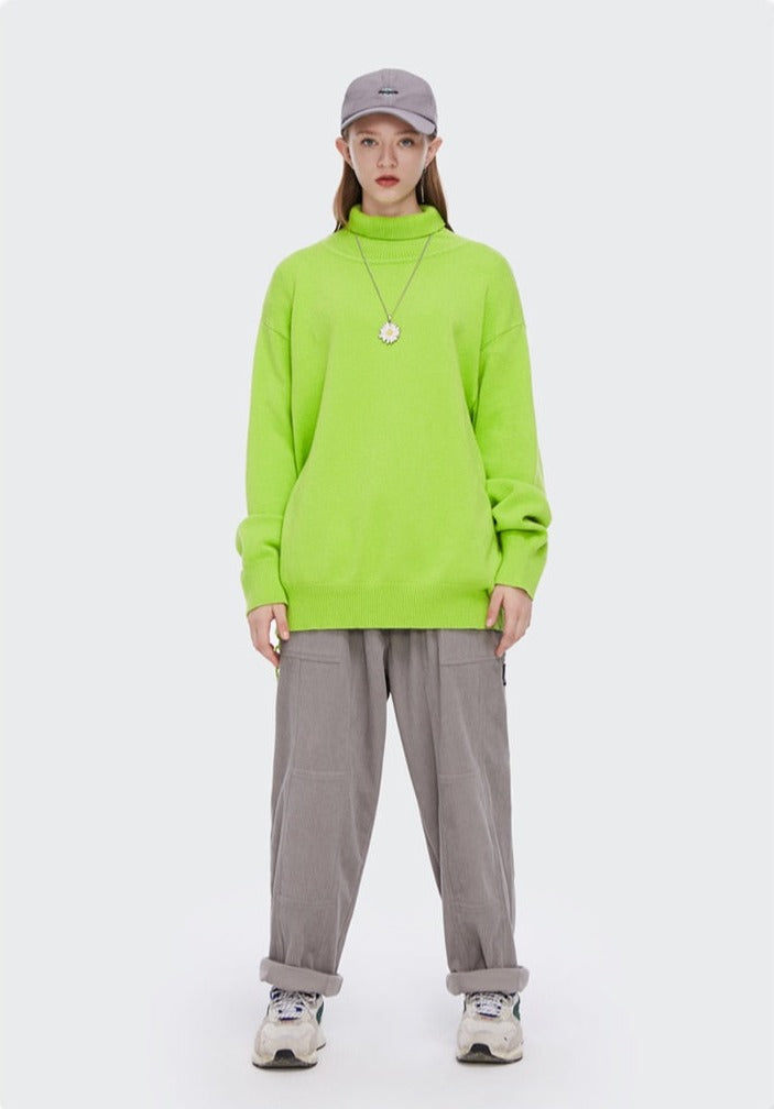 Girl wearing fluorescent green Knitted Turtleneck Sweater