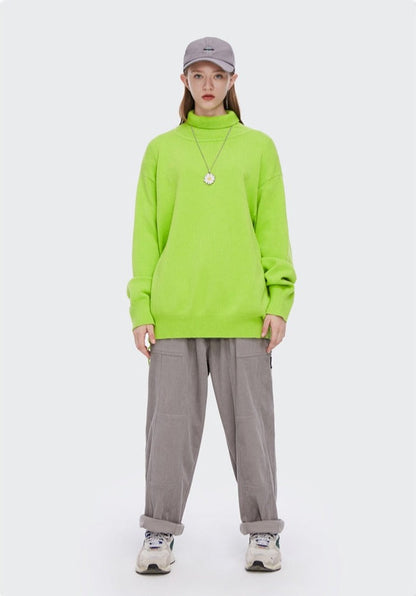 Girl wearing fluorescent green Knitted Turtleneck Sweater