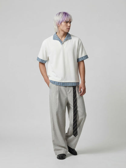Plaid Layered Short-Sleeve Polo Shirt
