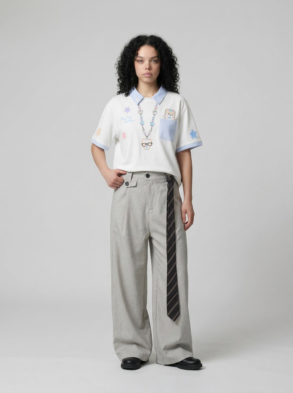 Gingham Contrast Graphic Polo Shirt