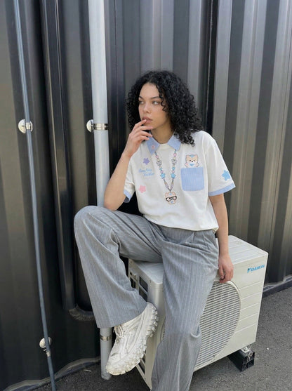 Gingham Contrast Graphic Polo Shirt