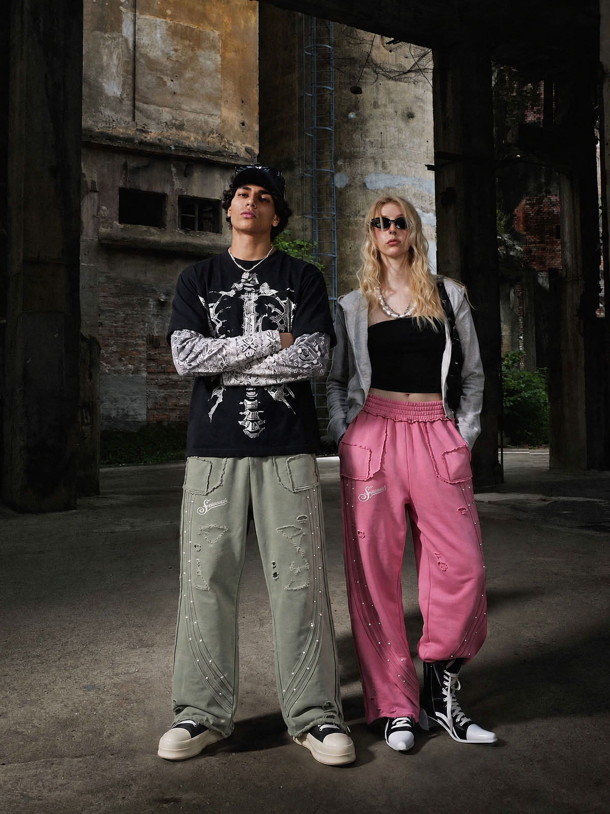 Asymmetrical Logo Embroidered Pants