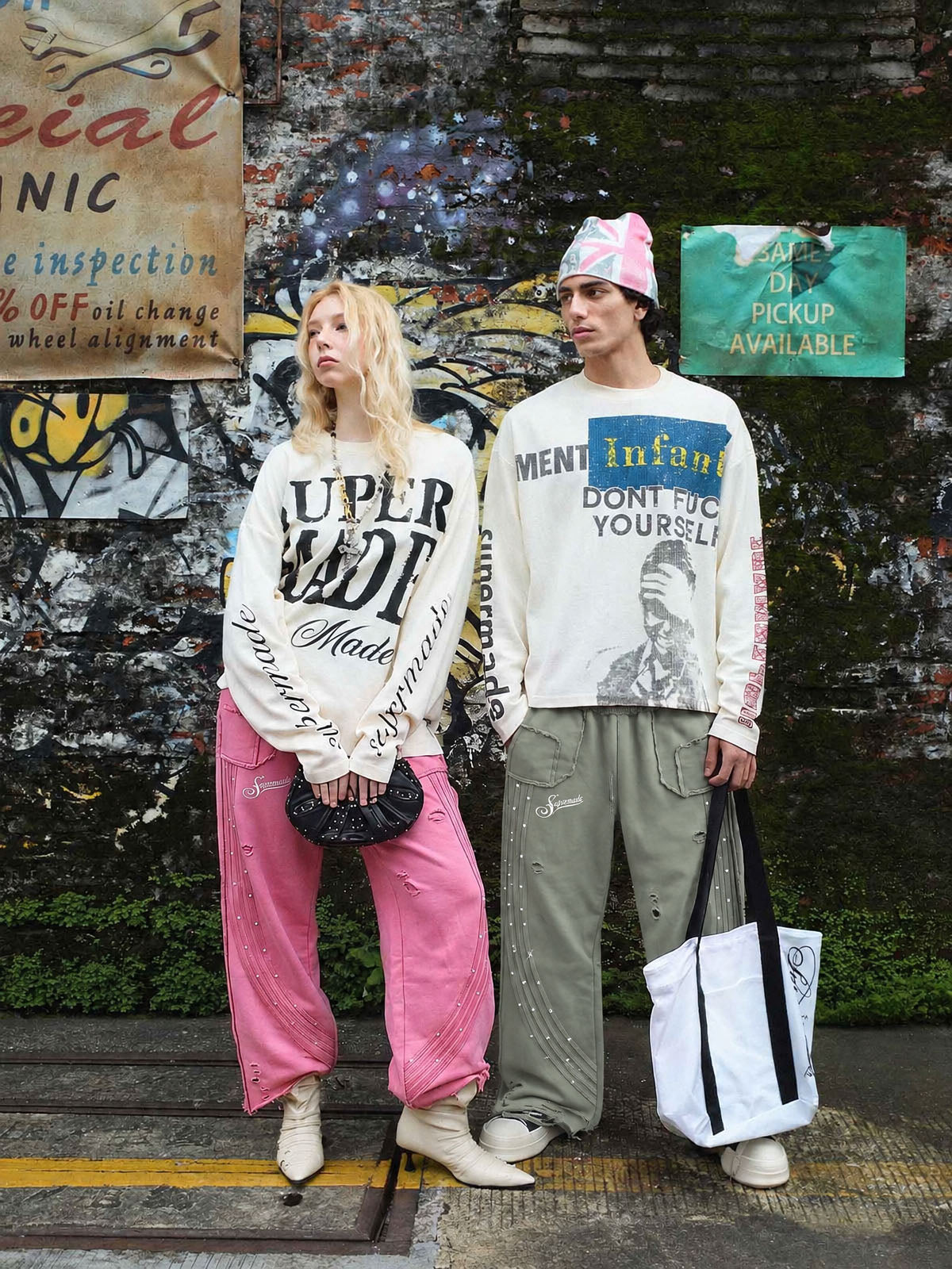 Asymmetrical Logo Embroidered Pants