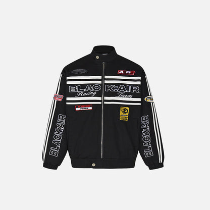 Front view of the black Motorsports Embroidered Racing Jacket in a gray background 