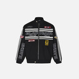 Front view of the black Motorsports Embroidered Racing Jacket in a gray background 