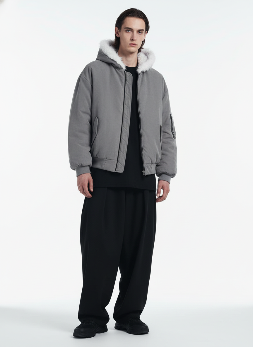 Oversized Reversible Fur Hooded Jacket - 2544; Gray / S, Gray / M, Gray / L, Gray / XL, Gray / 2XL