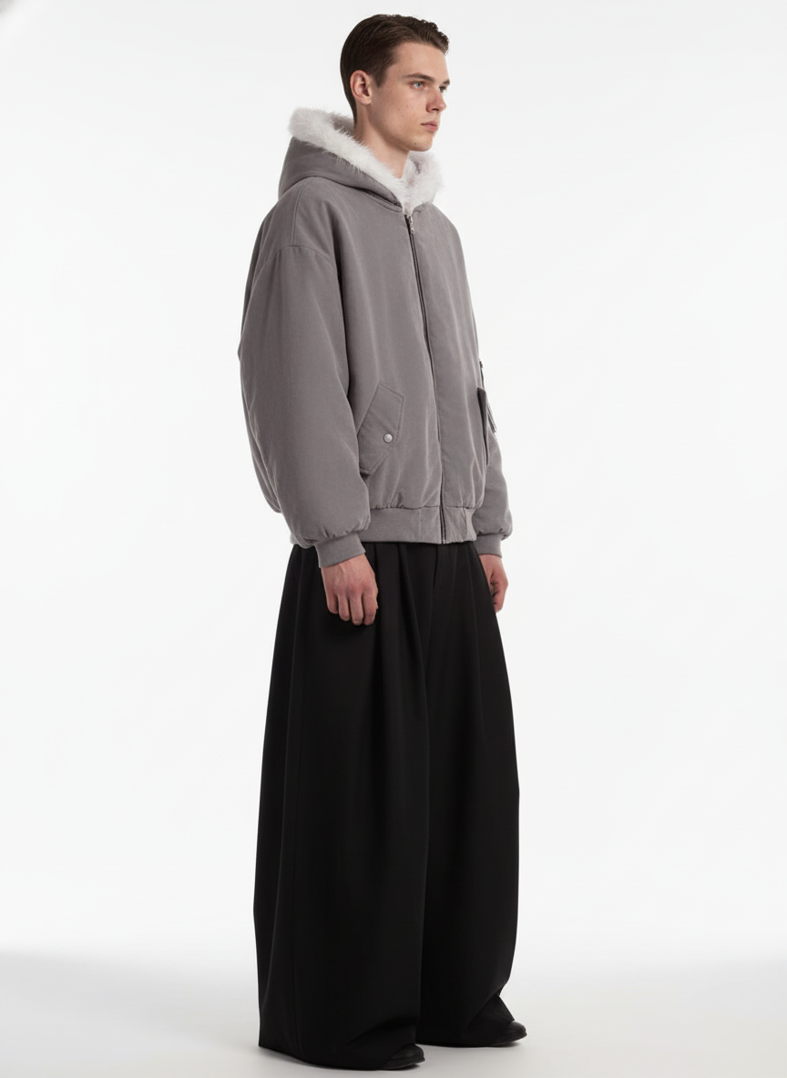 Oversized Reversible Fur Hooded Jacket - 2544; Gray / S, Gray / M, Gray / L, Gray / XL, Gray / 2XL