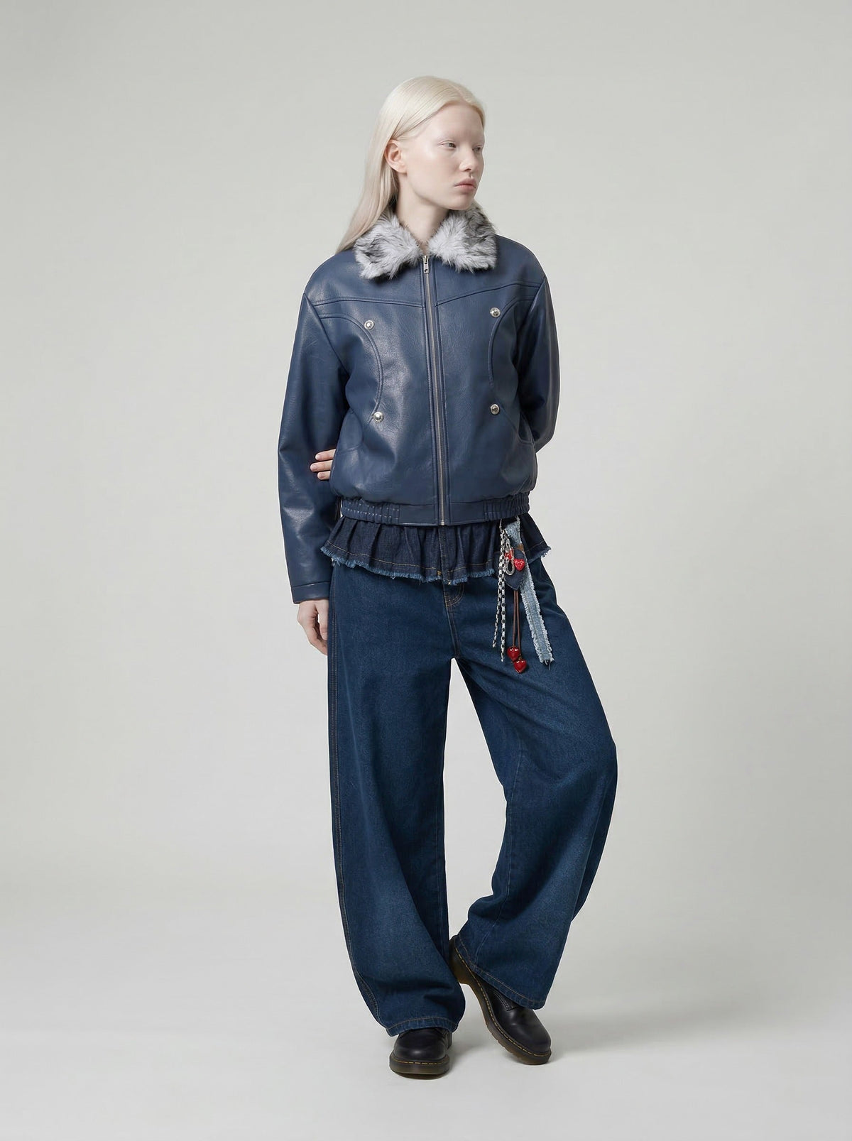 Ruffled Waist Wide-Leg Denim Jeans