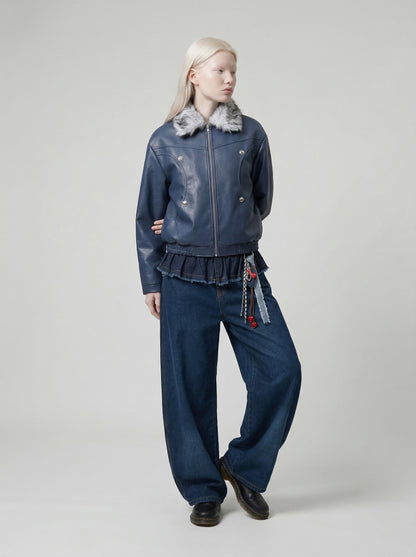 Ruffled Waist Wide-Leg Denim Jeans