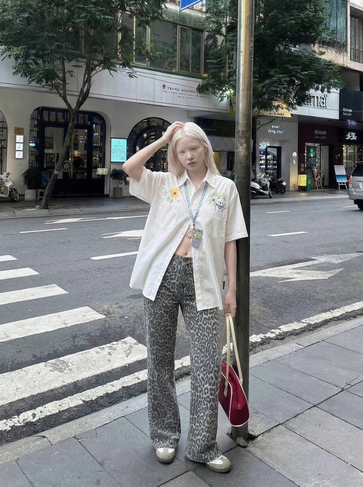 Sunflower and Bear Embroidered Button-Up Shirt
