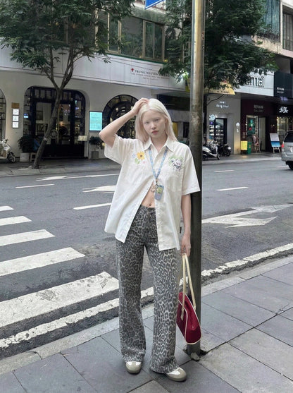 Sunflower and Bear Embroidered Button-Up Shirt