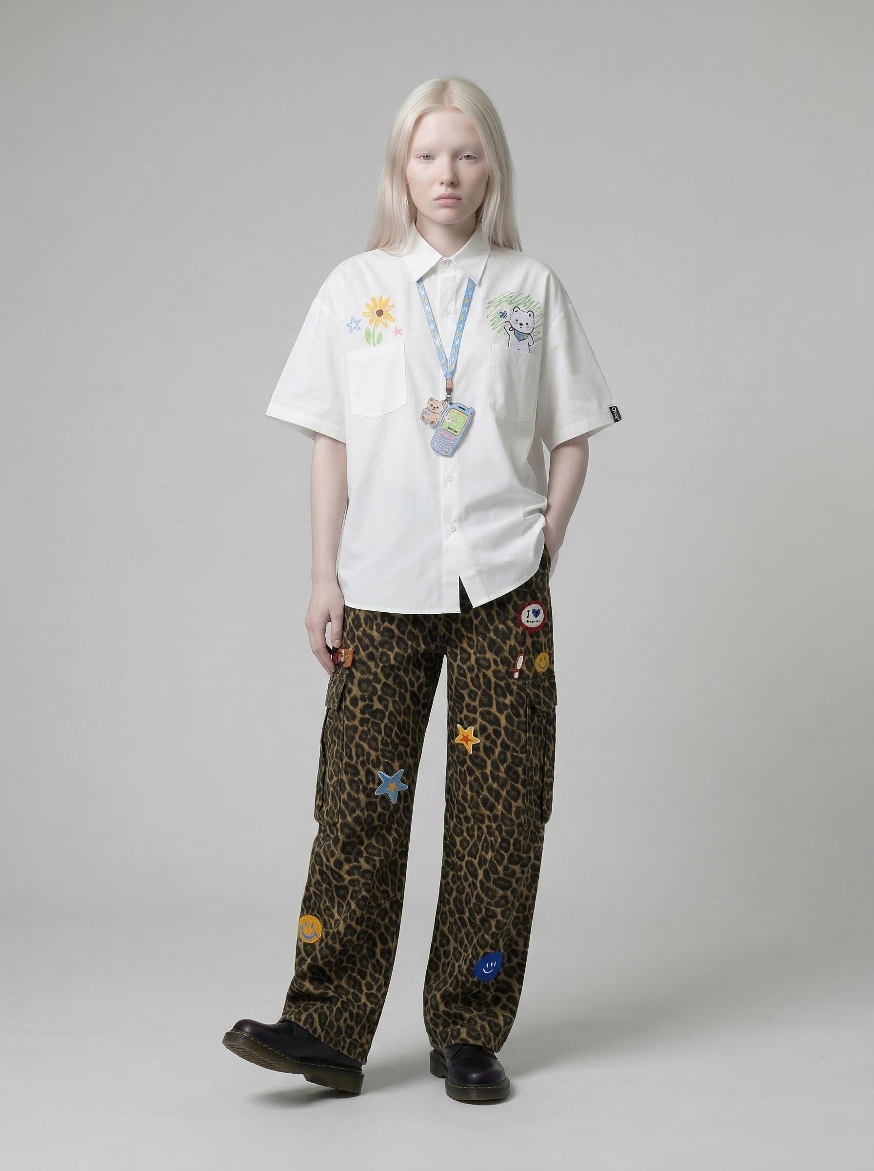 Sunflower and Bear Embroidered Button-Up Shirt