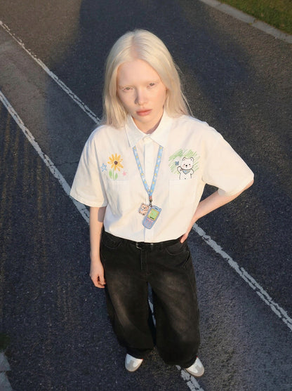 Sunflower and Bear Embroidered Button-Up Shirt